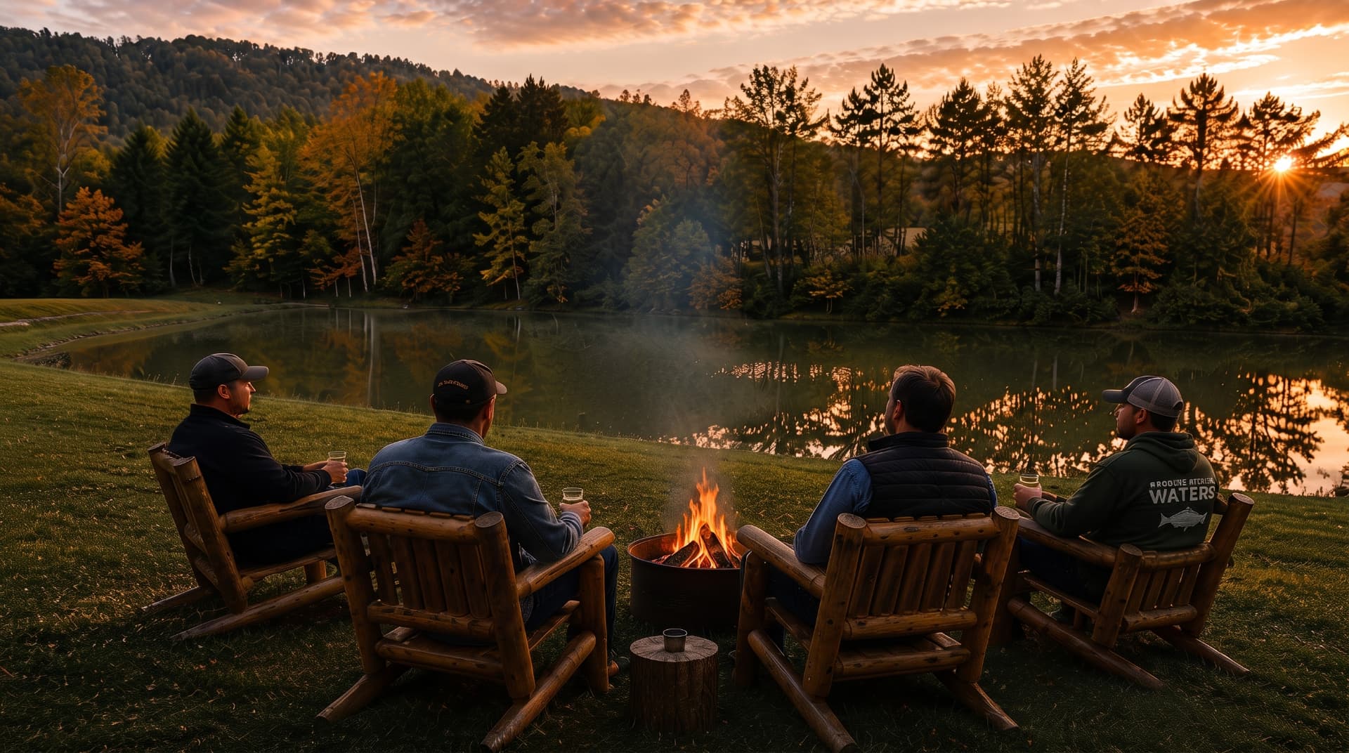 Cohort gathered around a fire by the lake at sunset, reflecting together